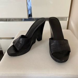 Nine West black leather slip on wedge sandal